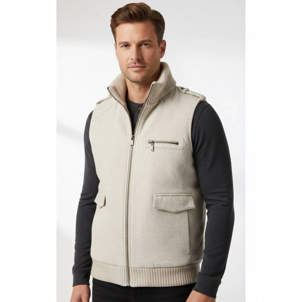 LS Ayres Zip Up Vest Mens Small Cream Cowl Neck Wool Blend Argentina Warm Preppy